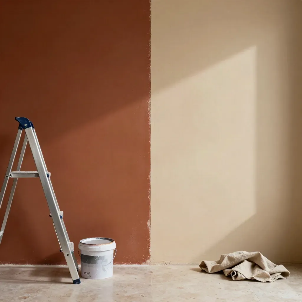 Parete bicolore terracotta e avorio con scala e secchio, ripresa dal pavimento