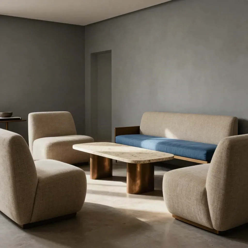 Sala d’attesa di studio con pareti grigio caldo, sedute scultoree, tavolino in pietra e accento blu petrolio.