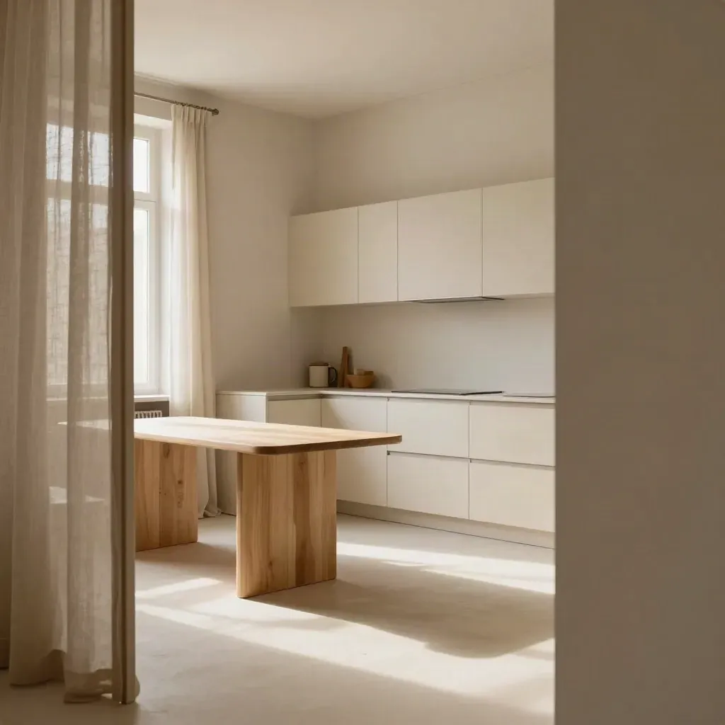 Bilocale chiaro a Prato con cucina compatta, tavolo chiaro e tende leggere in luce morbida.