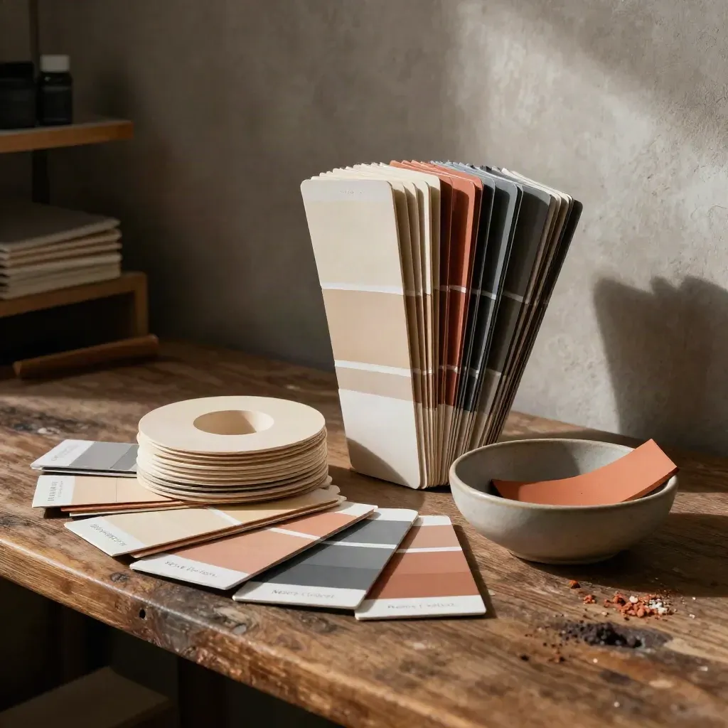 Campioni colore, schede pigmento e ciotola in ceramica su banco di legno, luce drammatica