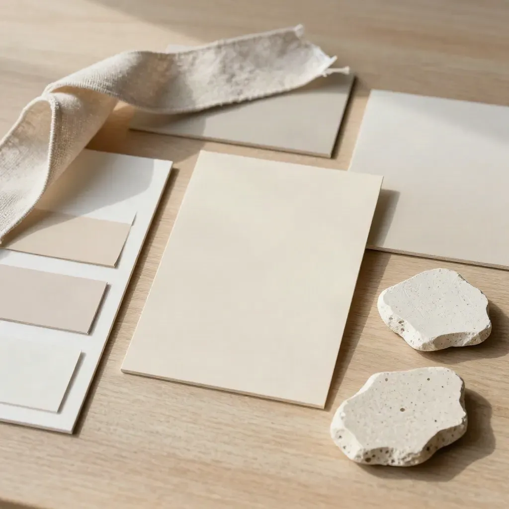 Palette chiare su schede neutre con lino greige, pietra crema e campione di intonaco.