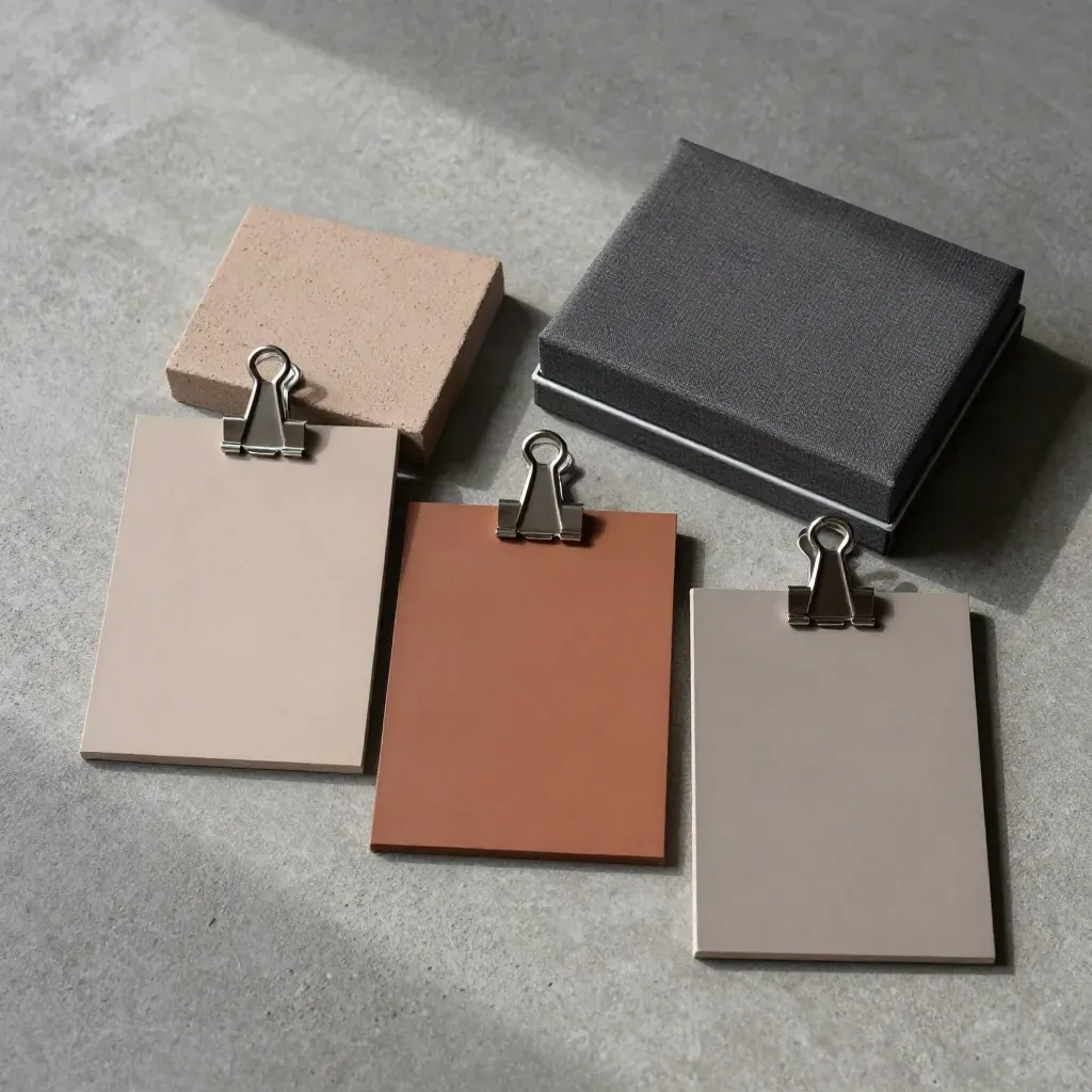 Flatlay di tre campioni colore finali con clip, blocco finitura e custodia rigida su cemento.