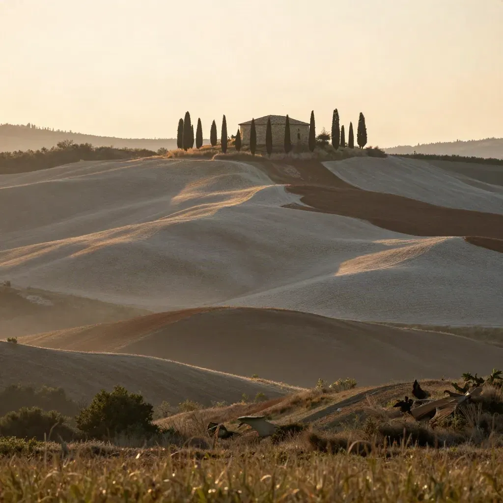 Colline toscane all’alba con cipressi, casale in pietra e campi caldi nella foschia.