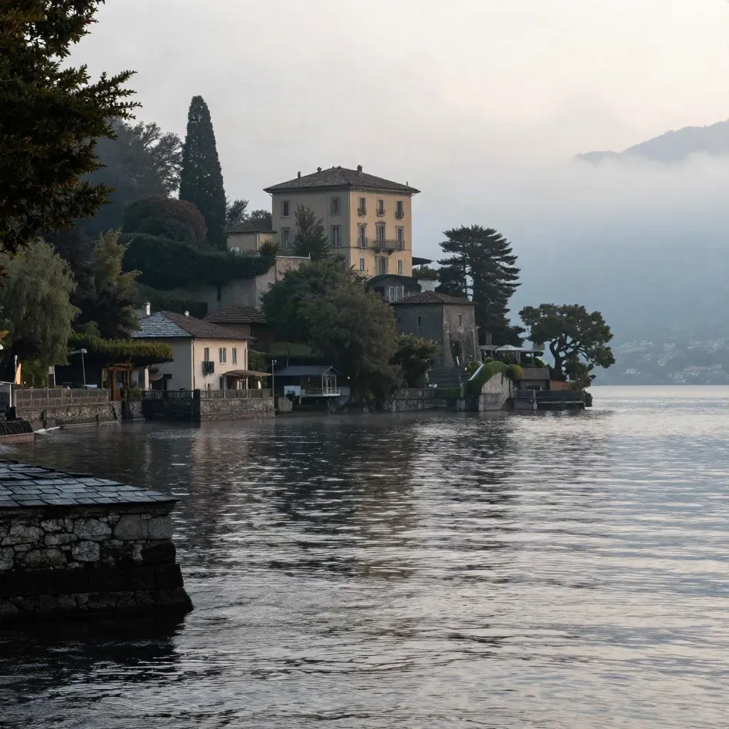 Lago di Como all’alba con villa lontana e nebbia sul lago, vista ampia e calma.