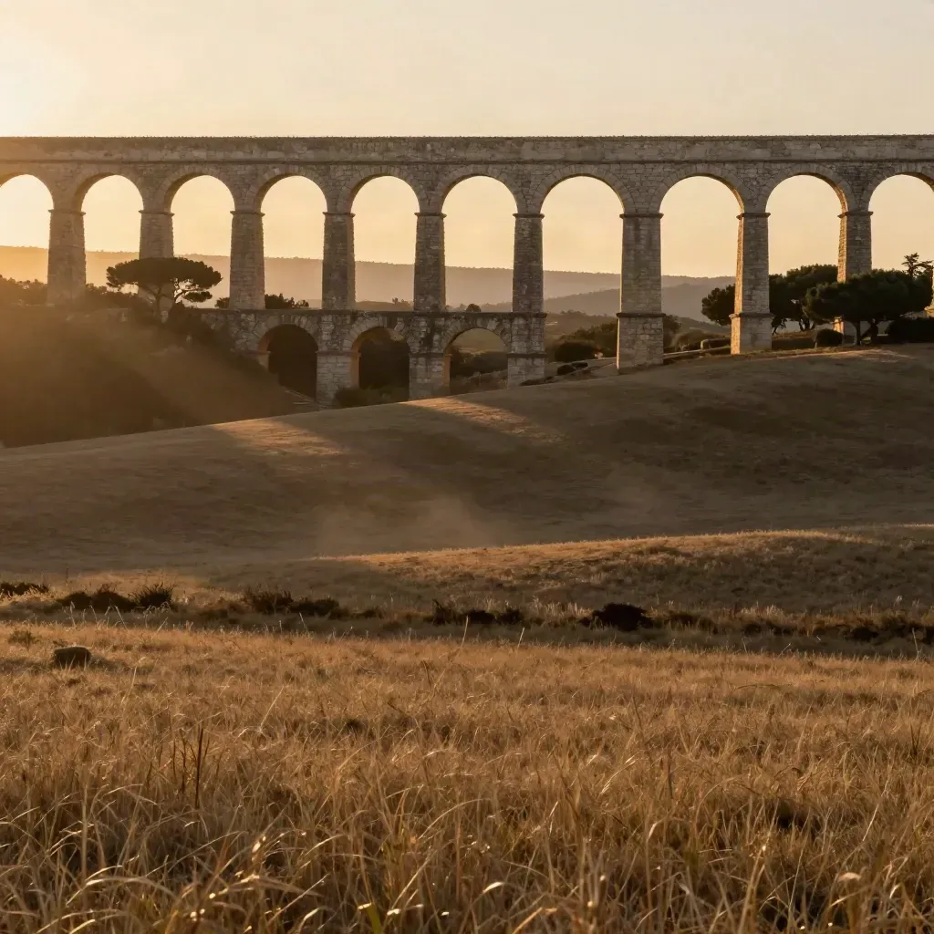 Acquedotto romano e pini marittimi nella campagna laziale al tramonto.